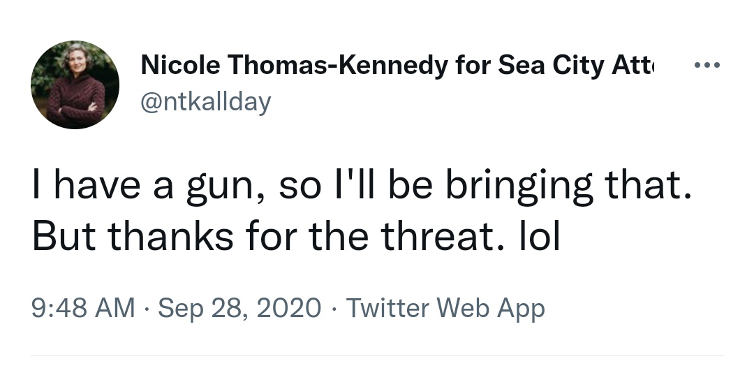 Nicole Thomas-Kennedy: "I have a gun, so I'll be bringing that."