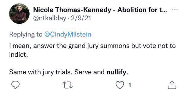 Nicole Thomas-Kennedy: "If you are part of a grand jury vote not to indict. If you are on a jury trial serve and nullify."