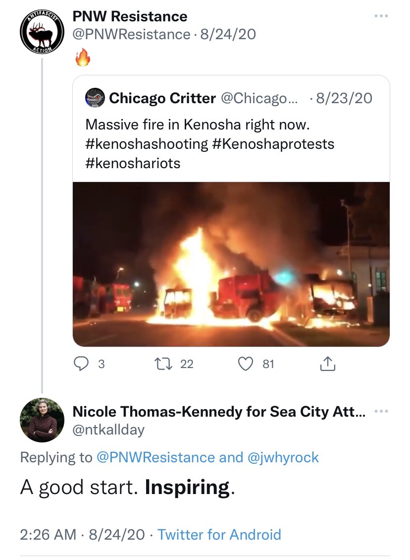 In August 2020 when rioters in Kenosha were attacking people, starting fires, and creating chaos Nicole Thomas-Kennedy writes: "A good start. Inspiring."