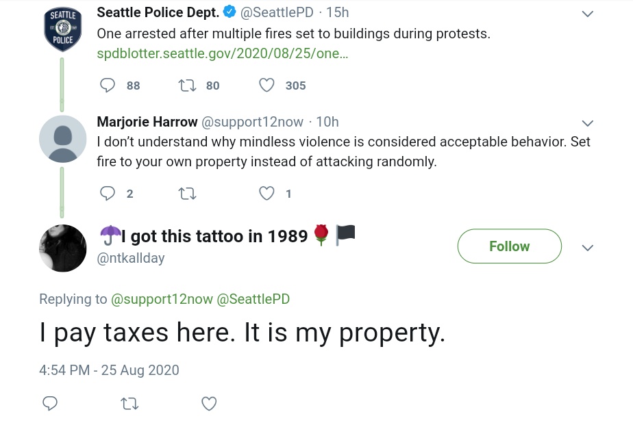 According to Nicole Thomas-Kennedy's twisted logic she defends burning buildings in protest because: "I pay taxes here. It is my property."