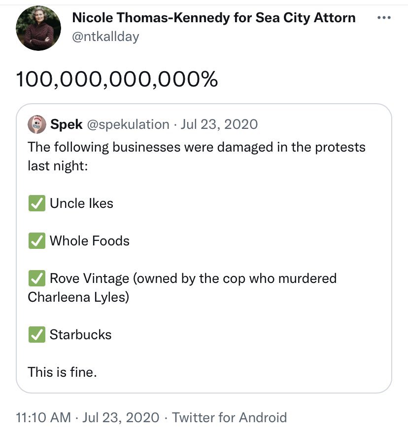 Nicole Thomas-Kennedy supports local businesses being vandalized during protests.