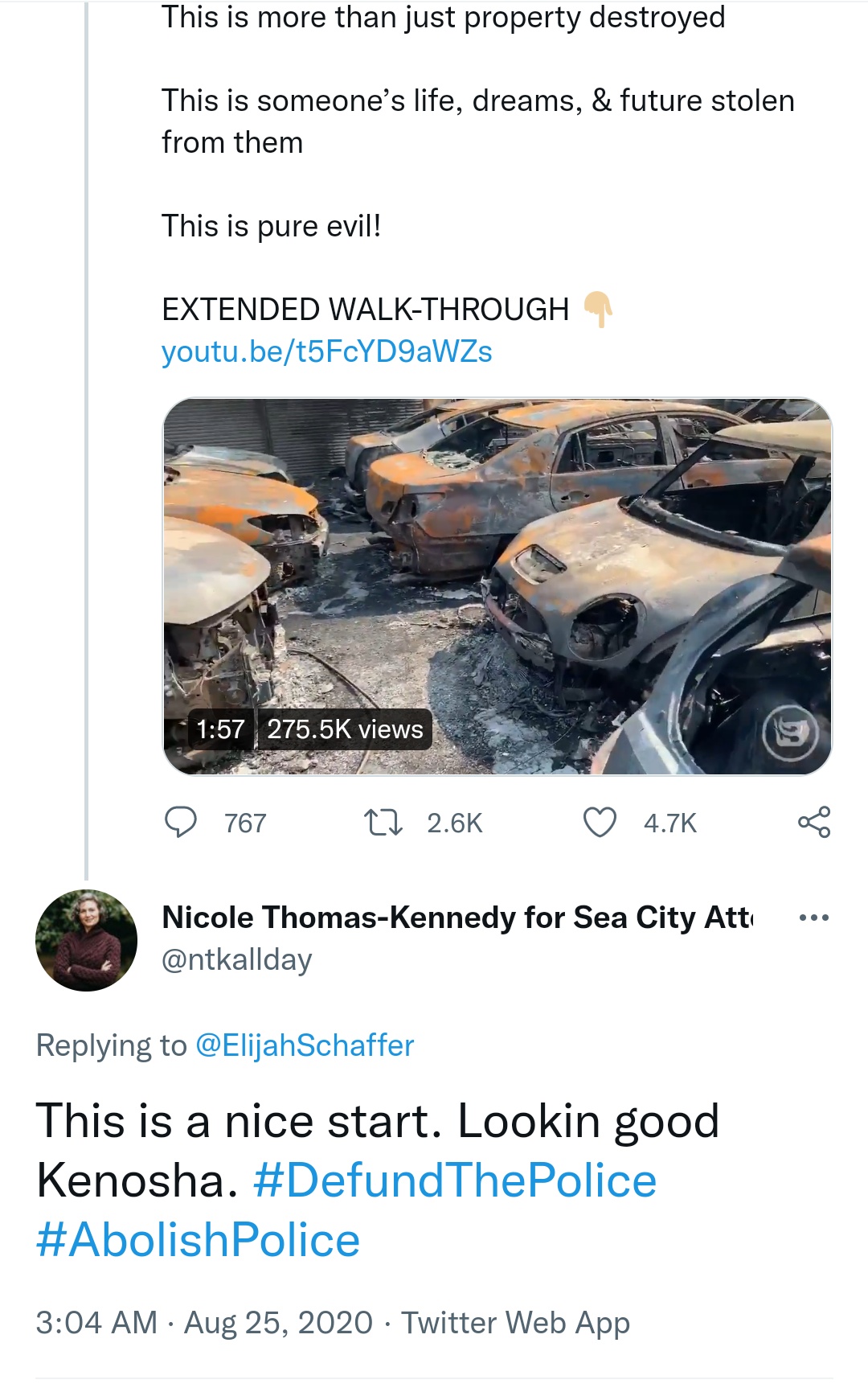 Protesters burning tens of cars is "a nice start" for Nicole Thomas-Kennedy, implying more destruction is needed.