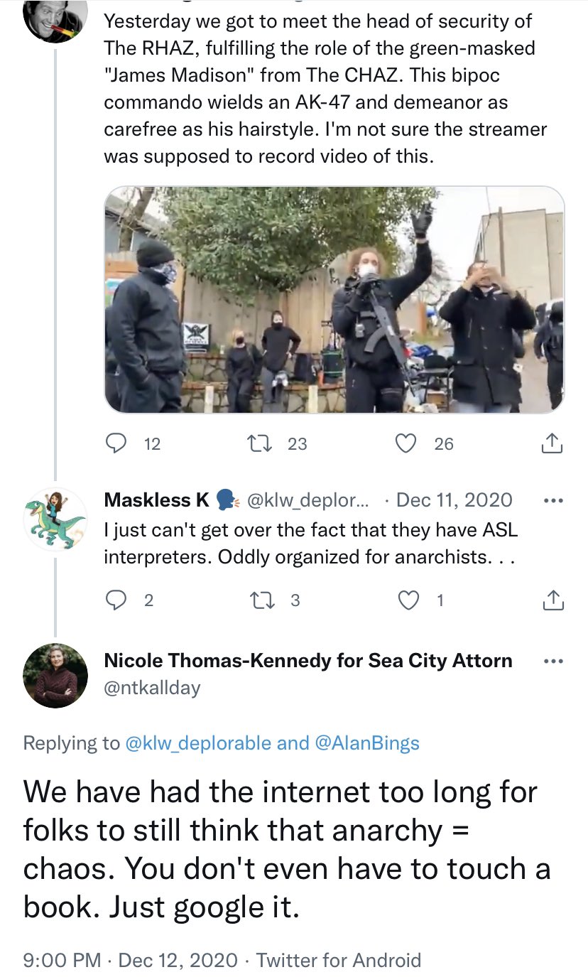 Nicole Thomas-Kennedy supports armed gangs taking over part of the city as they did in Seattle's Capitol Hill because "anarchy is not chaos".