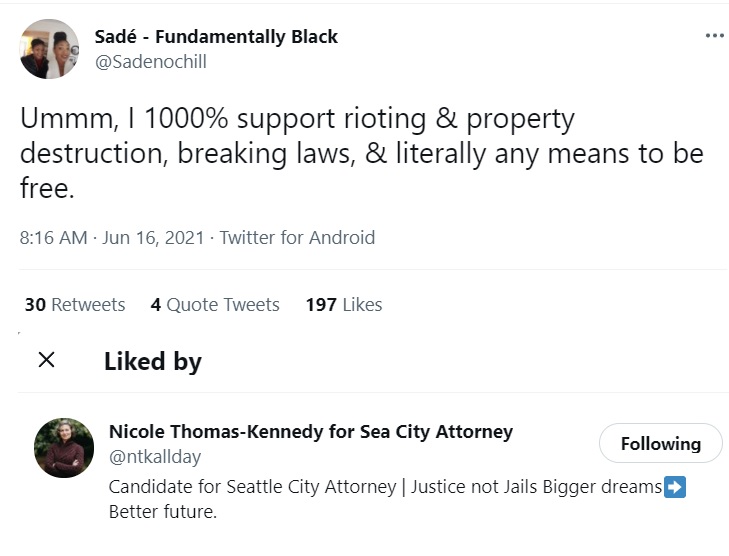 Nicole Thomas-Kennedy supporting violence by tweet on June 16th 2021.